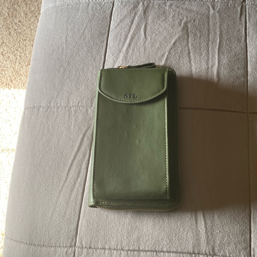 Olive green wristlet with shoulder strap